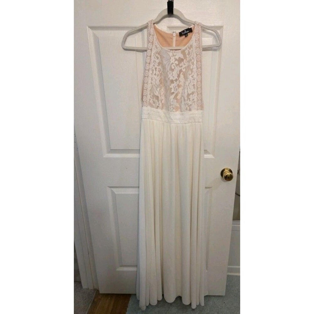 Lulu's Forever and Always White Nude Lace Maxi Dress Bridal Gown Wedding S